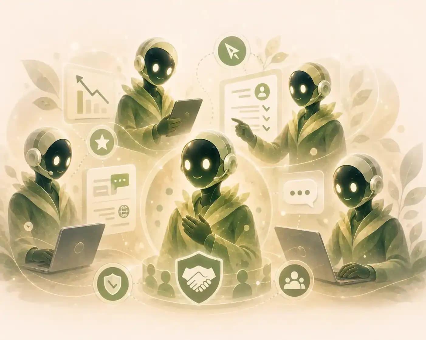 Customer Success department AI agents - watercolour illustration of the AI customer success team