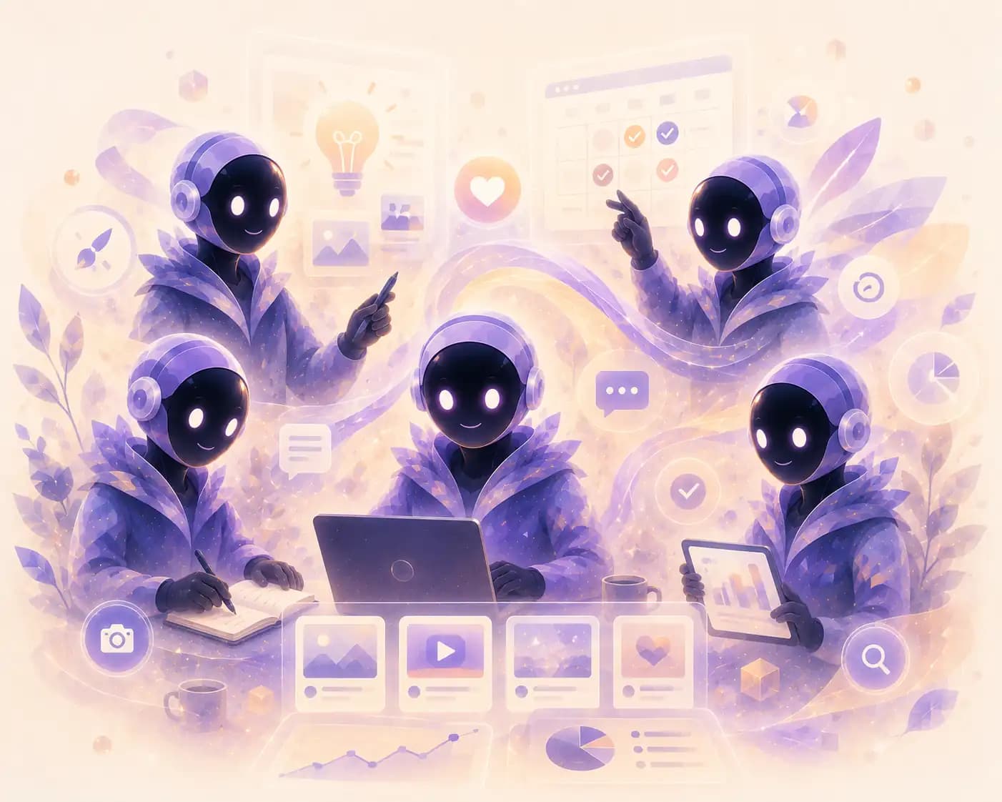 Marketing department AI agents - watercolour illustration of the AI marketing team