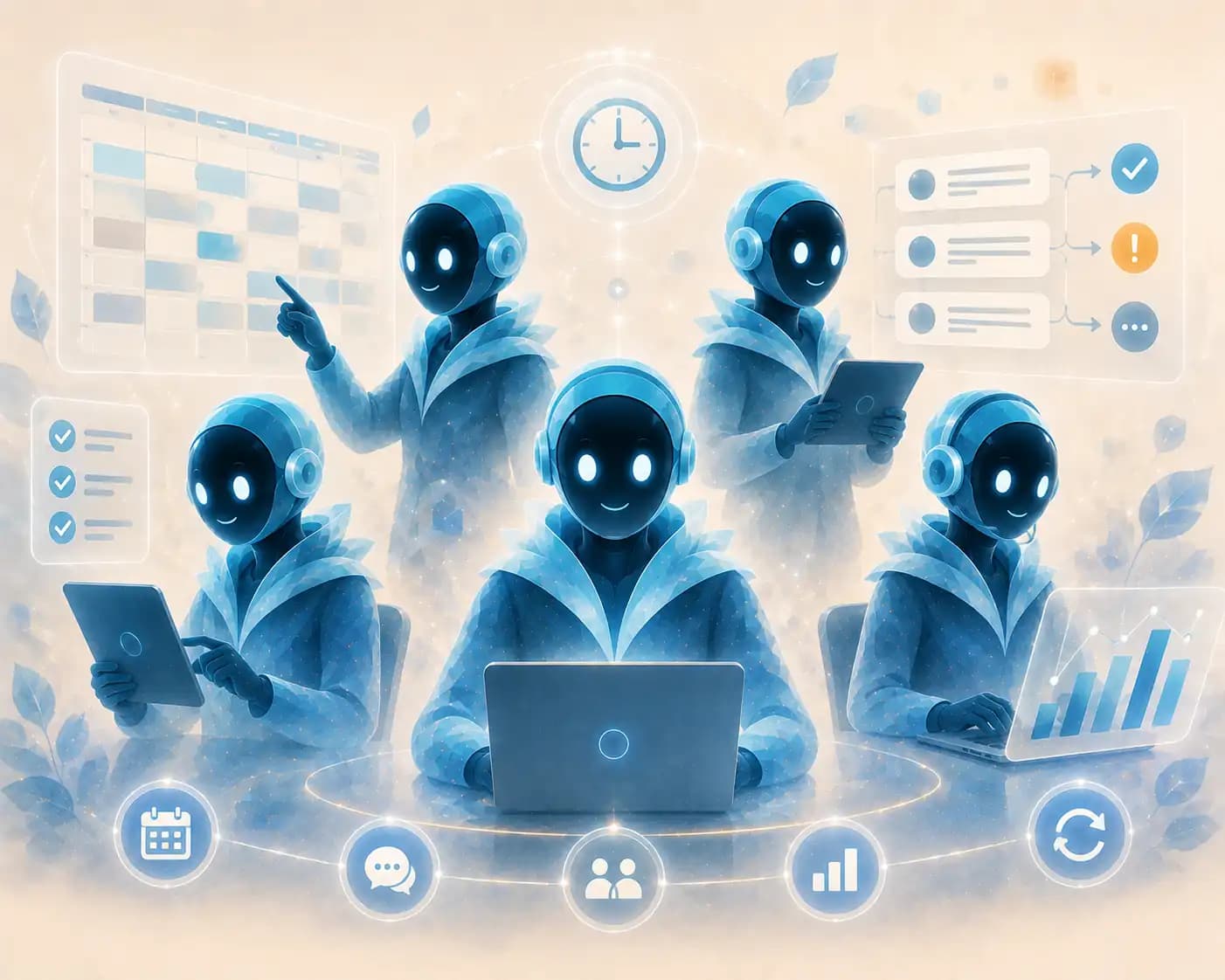 Operations department AI agents - watercolour illustration of the AI operations team