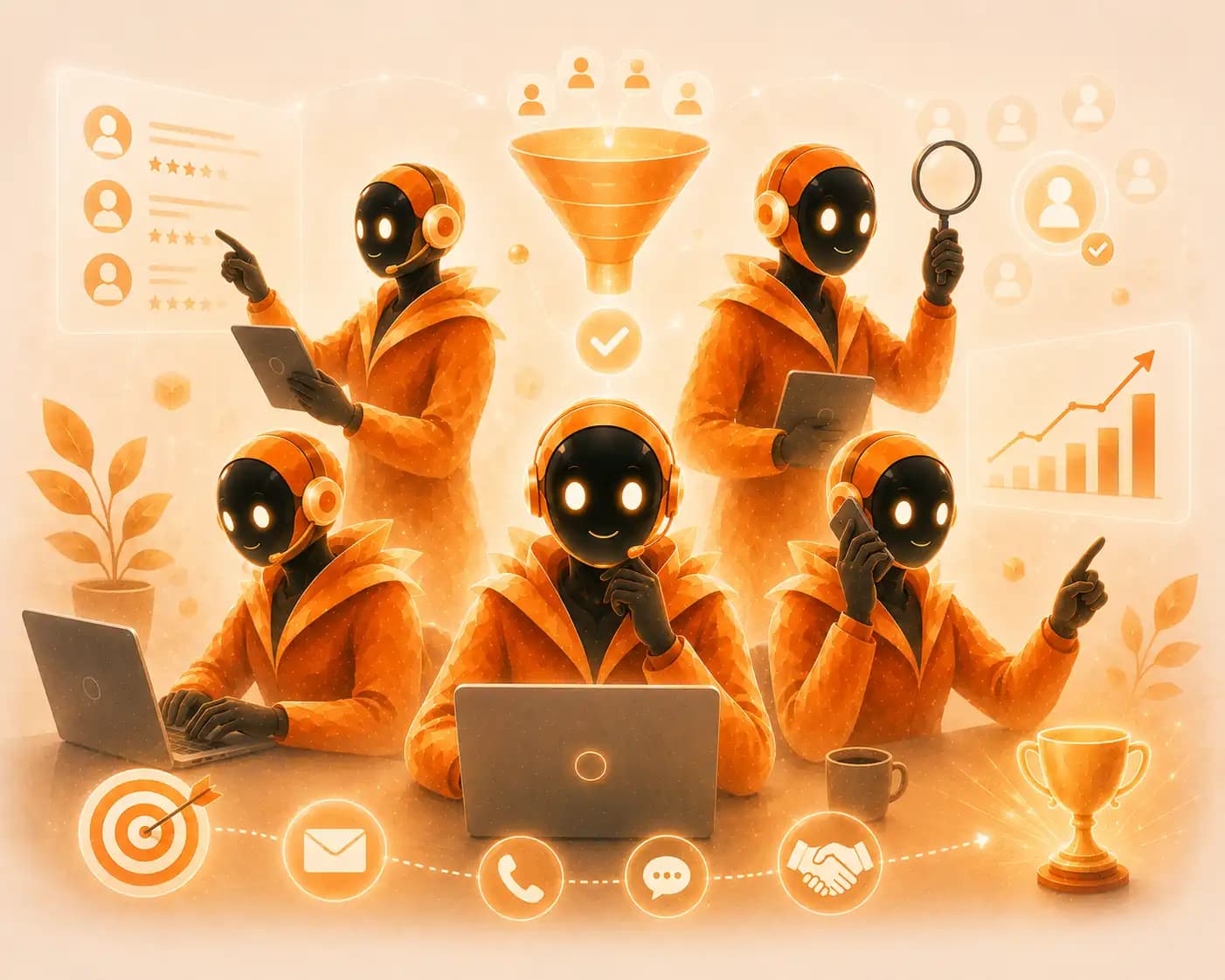 Sales department AI agents - watercolour illustration of the AI sales team