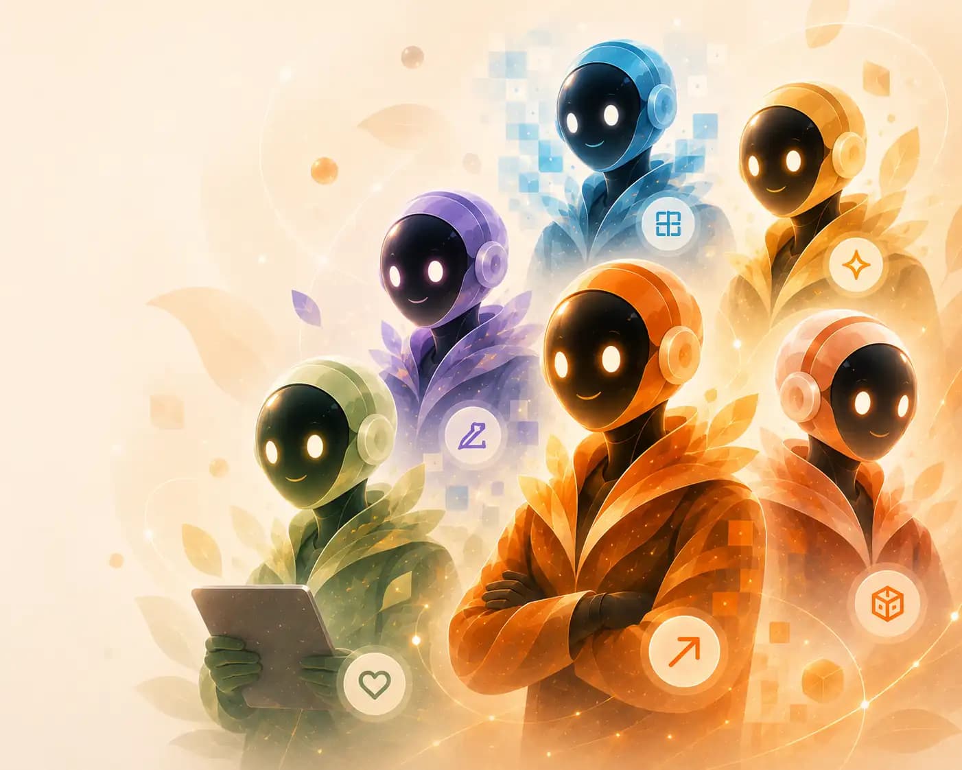 Landing Pad Solutions AI agents - watercolour illustration of a team of capable digital teammates