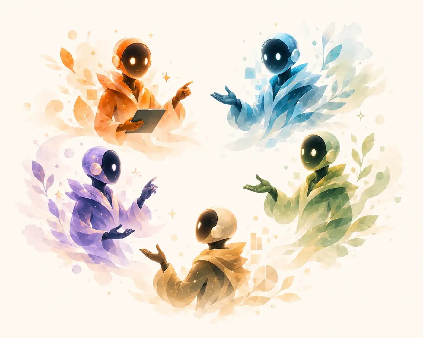 Four AI agents standing in a watercolour circle, each gesturing toward another - the 'which one fits you?' composition